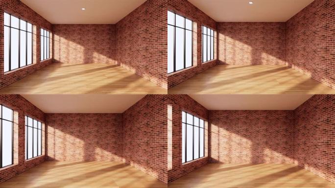 木地板上的空砖墙背景。3D渲染
