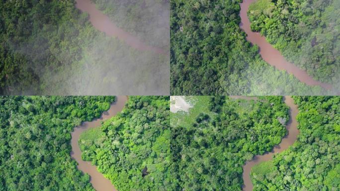 在刚果雨林中蜿蜒的丛林河上的鸟瞰图