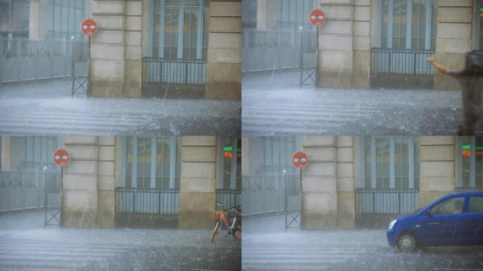 巴黎街头极端天气冰雹人们躲雨