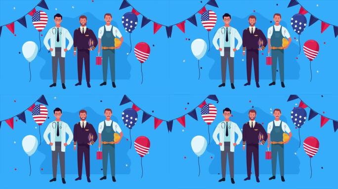在气球氦气和工人中与美国国旗一起庆祝劳动节快乐