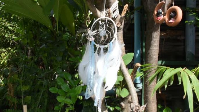 风手工捕梦网或挂在树上的捕梦网的运动