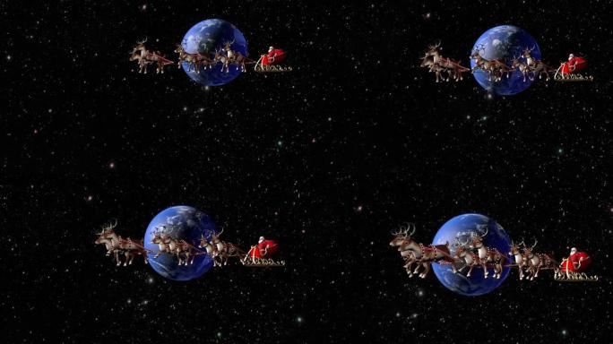 圣诞老人在鹿拉的雪橇上携带礼物。神奇的地球飞行