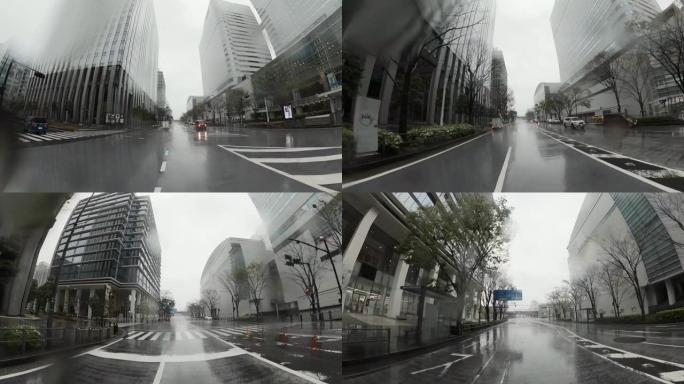 雨天开车。市区多雨，镜头上有雨滴