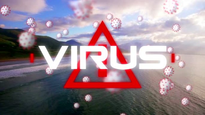带有警告标志和新型冠状病毒肺炎细胞的病毒文本的数字复合视频在海上移动