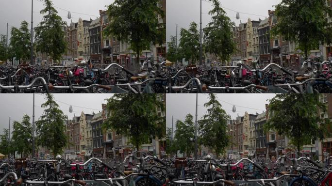 阿姆斯特丹市中心交通街自行车停车场慢动作全景4k荷兰