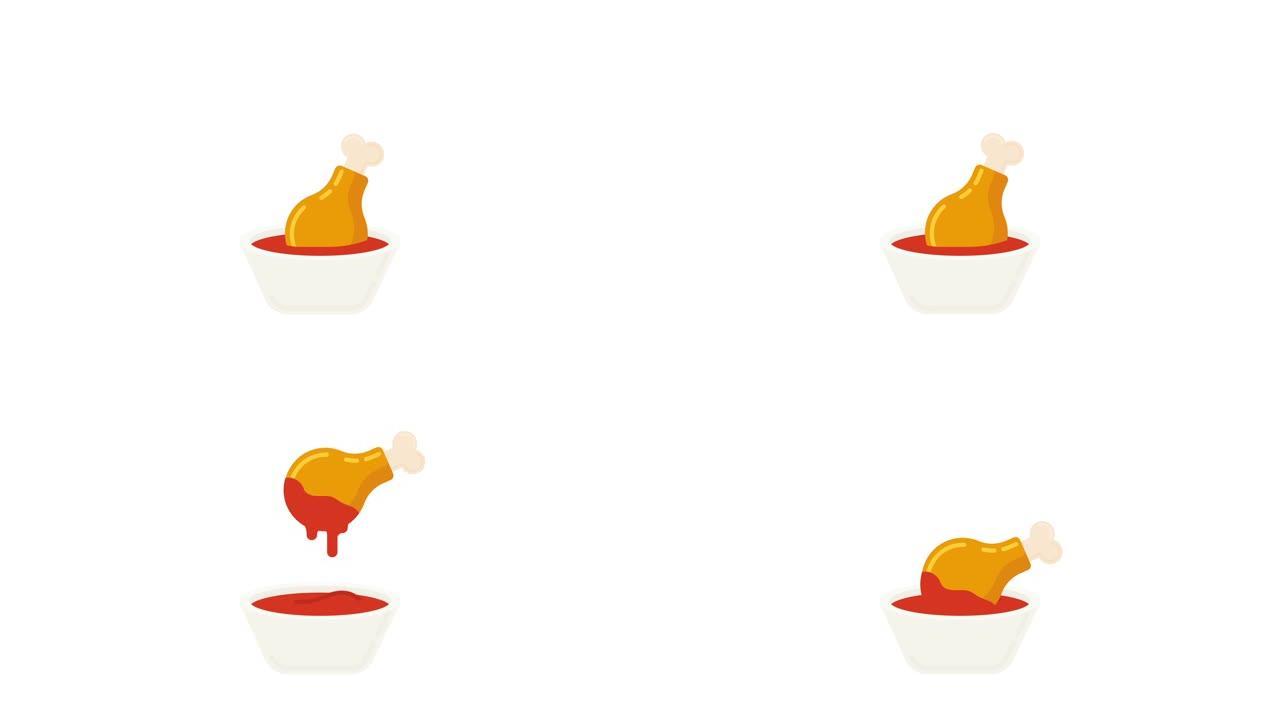 番茄酱鸡块，白色孤立背景。2D矢量运动动画。平面设计