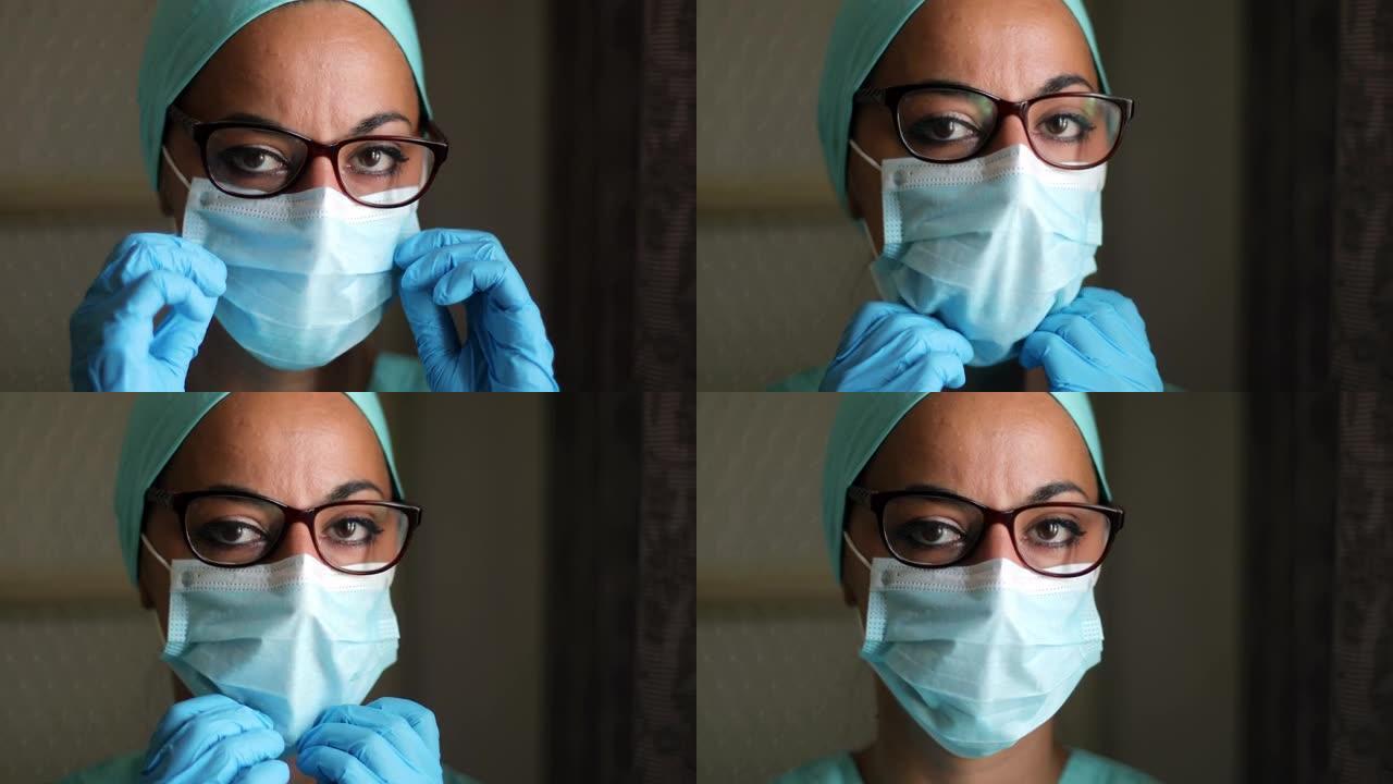年轻的女军医，戴着口罩和眼镜