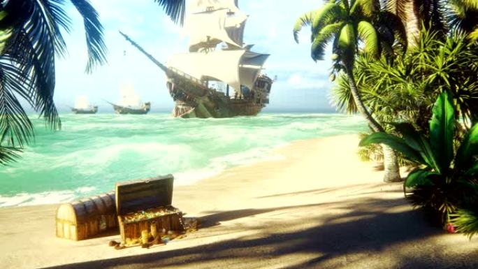 沙子，大海，天空，云彩，棕榈树和晴朗的夏日。海盗护卫舰停靠在该岛附近。海盗岛和金箱。美丽的循环动画。