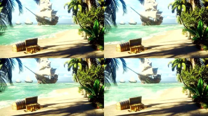 沙子，大海，天空，云彩，棕榈树和晴朗的夏日。海盗护卫舰停靠在该岛附近。海盗岛和金箱。美丽的循环动画。