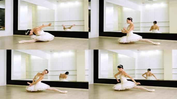年轻的芭蕾舞演员穿着白色短裙，在她的尖头芭蕾舞鞋上跳舞。4K