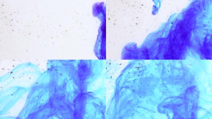 与蓝色液体和溶解颗粒的实验化学反应