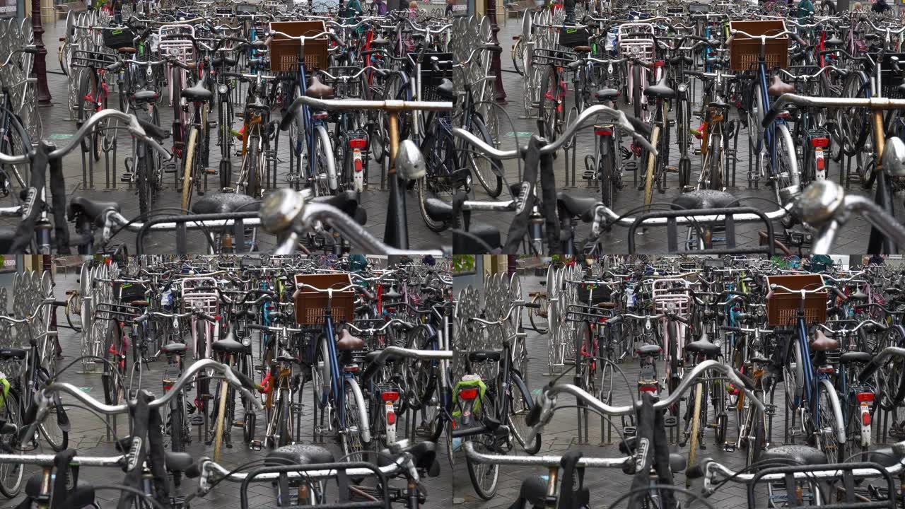 阿姆斯特丹市中心街道自行车停车场慢动作全景4k荷兰