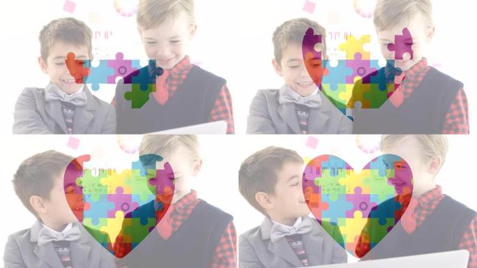 拼图对两个举着标语牌的男孩形成了一颗心。自闭症意识动画视频