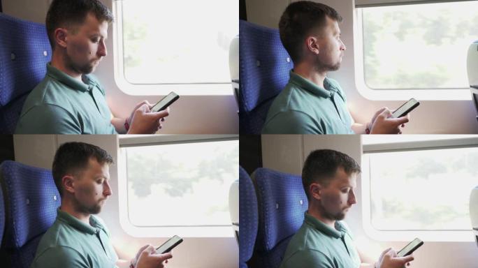 在冠状病毒流行期间，白人男性乘客手持电话戴着防护口罩乘火车旅行。火车车厢中的男性在窗口附近使用智能手