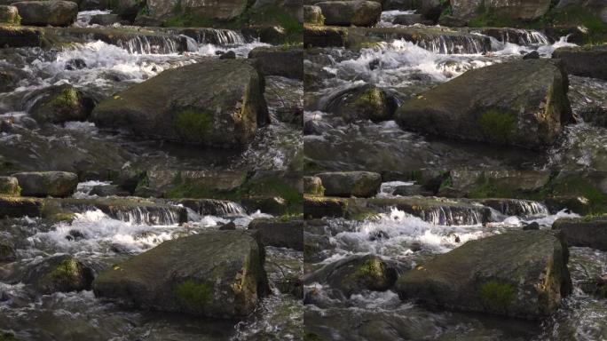 山河在长满苔藓的大石头中流动。开水。