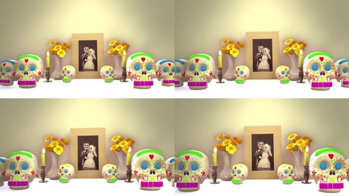 放大dead ofrenda一天的3D渲染图，这是一个家庭祭坛，在每年的和传统的墨西哥d í ade