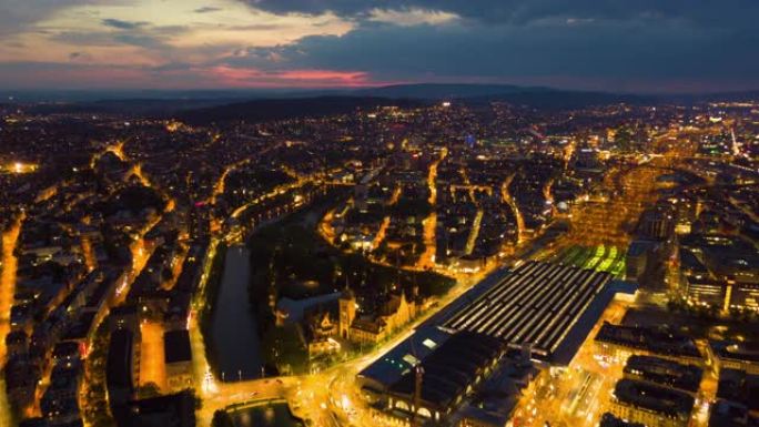 日落天空之夜照明苏黎世城市景观交通街道空中全景4k延时瑞士