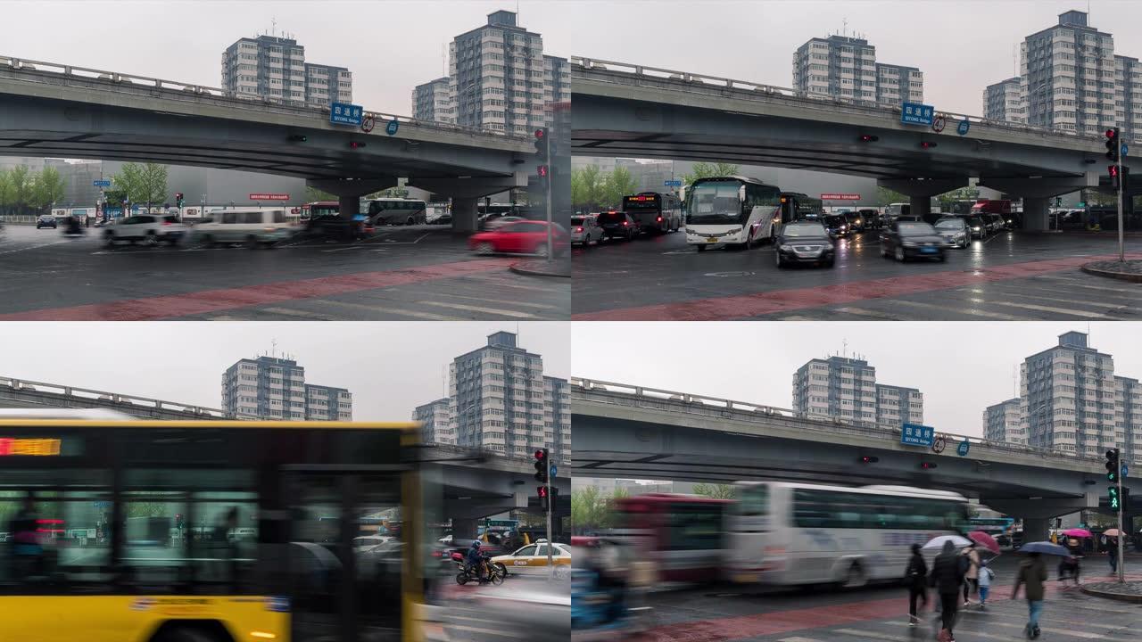 时间流逝，中关村大街四通桥交通流量 (中国硅谷)，雨景