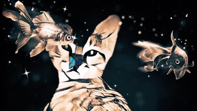猫梦。漂浮的鱼和镜头耀斑动画