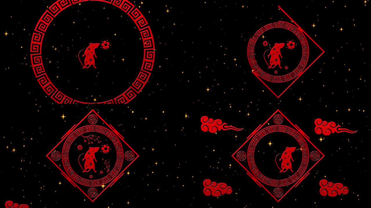 金色农历新年背景，红色和黑色，老鼠，烟花，闪闪发光的星星3D渲染循环4k。神奇的新年快乐动画