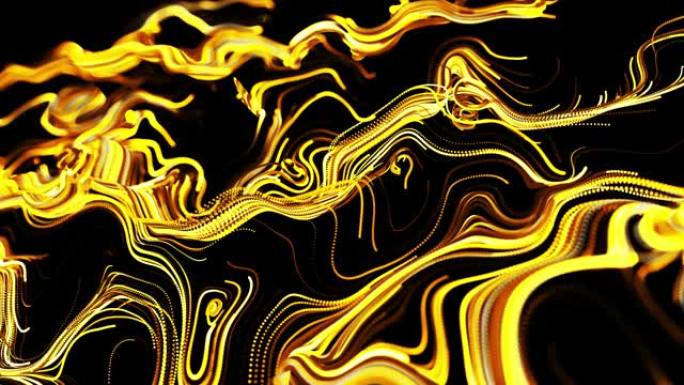 颗粒的黄色流动形成卷曲的辉光线或光条纹，如辉光轨迹，线形成漩涡状图案，如卷曲噪声。抽象3d循环作为明