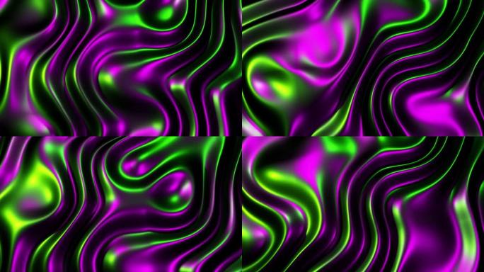具有波形和圆形形状的未来派3D流体动画。紫外光谱，紫绿霓虹灯，抽象荧光背景，视错觉，虚拟现实，全息渐