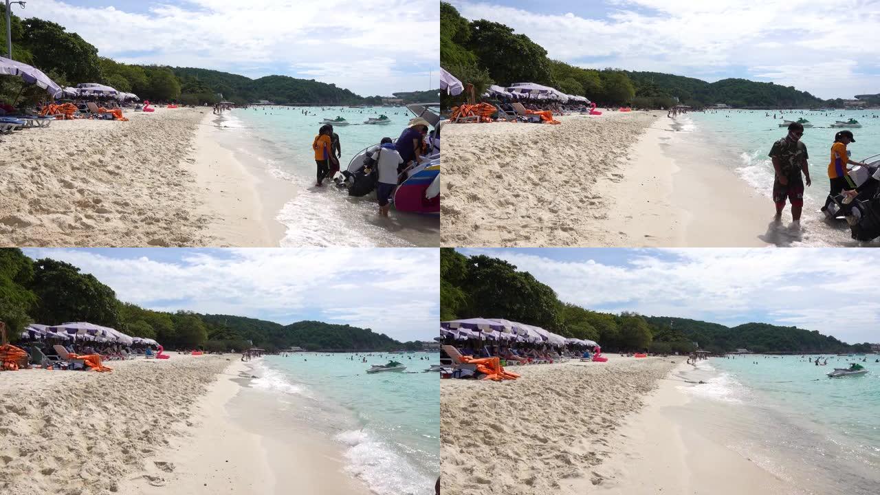 芭堤雅，Koh Lan Island Tien海滩，海，海滩，人，沿海岸线运动。