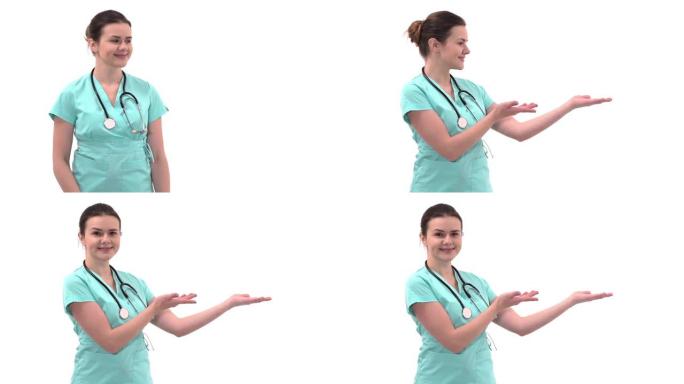 一位年轻的黑发白人女医生的特写镜头，用手示意手势。孤立，在白色背景上