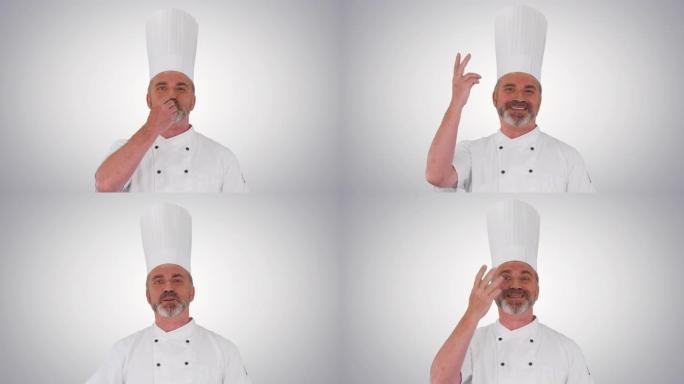 男性厨师在渐变背景上对相机做出真正的果酱手势