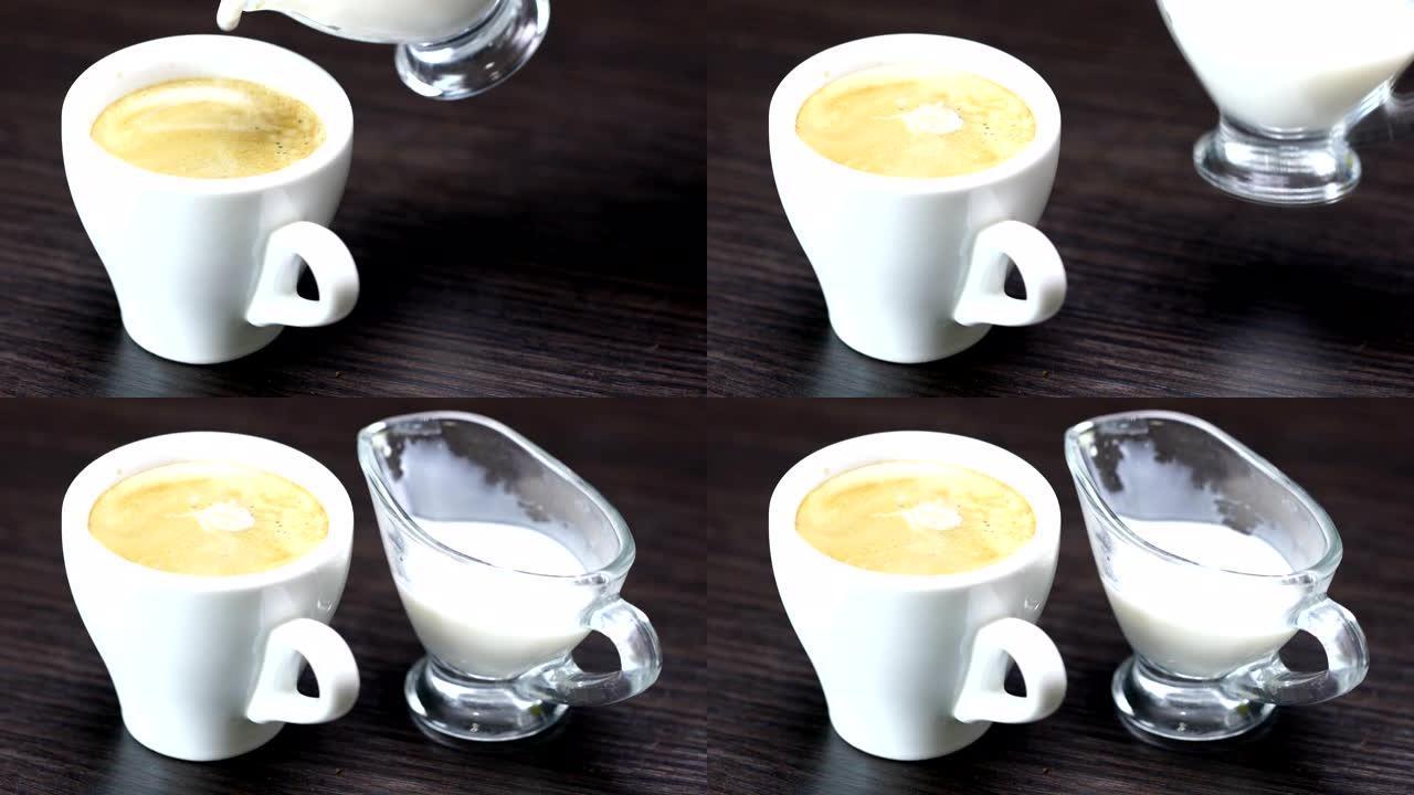 奶油倒入装有热咖啡的杯子中
