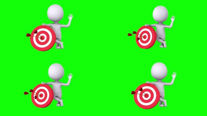 3d白人的动画用三个箭头和挥舞的手击中红色目标。你好手势。