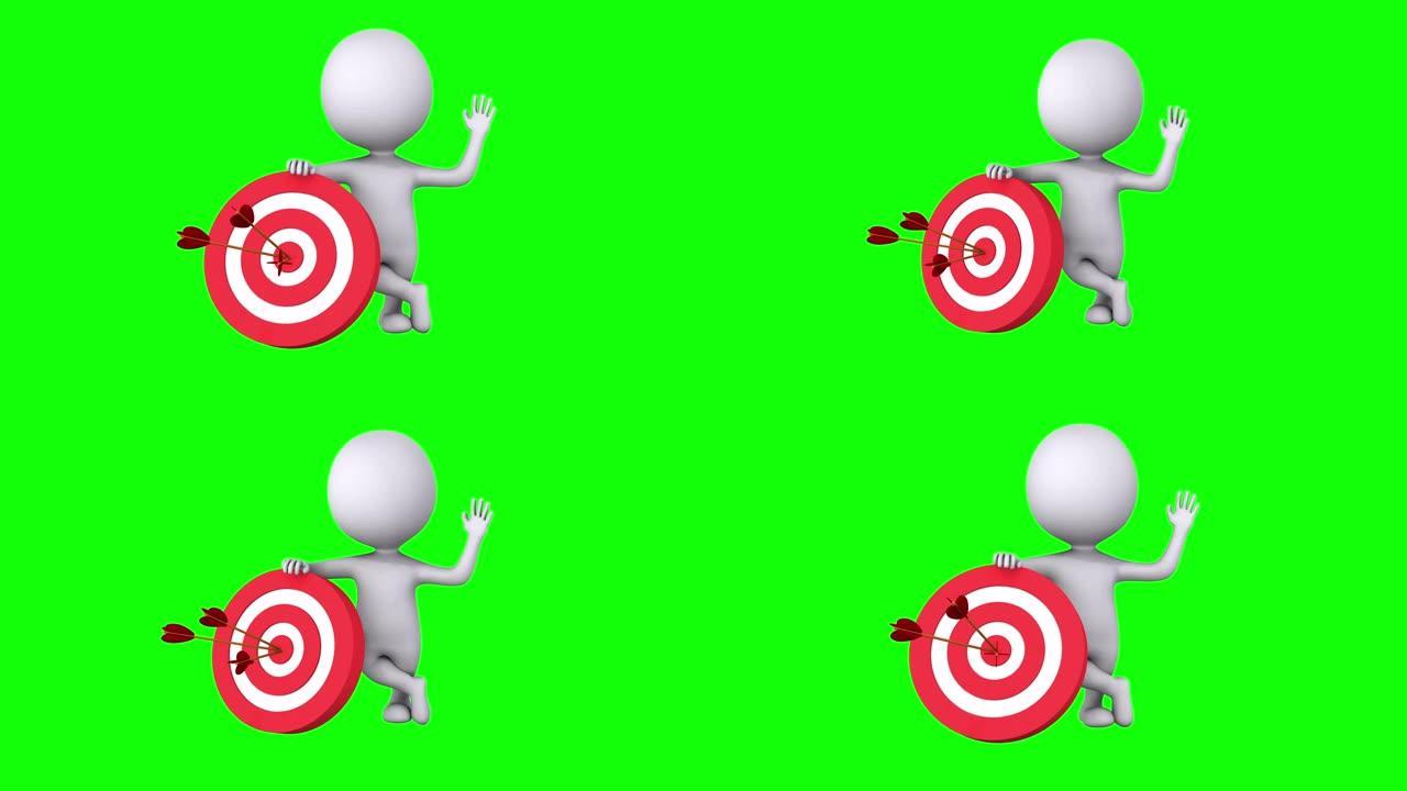 3d白人的动画用三个箭头和挥舞的手击中红色目标。你好手势。