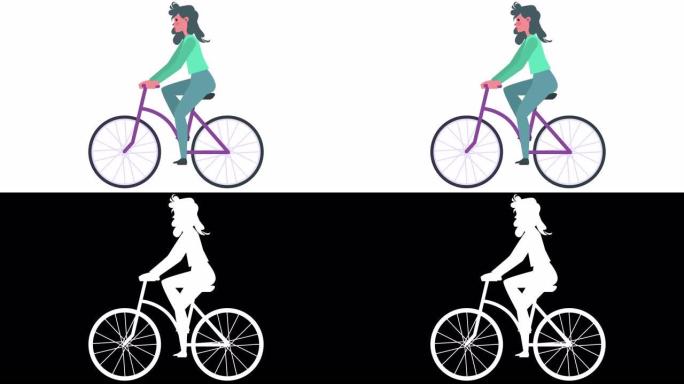 骑自行车的人。平面卡通可爱女人角色骑自行车孤立循环2d动画