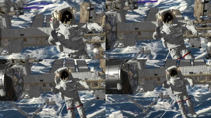 宇航员太空行走，在空旷的空间里挥舞着他的手。国际空间站ISS在地球大气层上空旋转。NASA提供的这段
