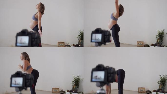 瑜伽老师正在录制一节孕期瑜伽课在线上传