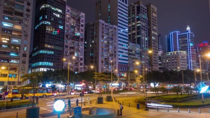 夜间照明澳门城市交通街全景4k延时中国