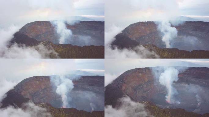 飞向活跃的尼拉贡戈火山，看着熔岩湖冒烟的火山口