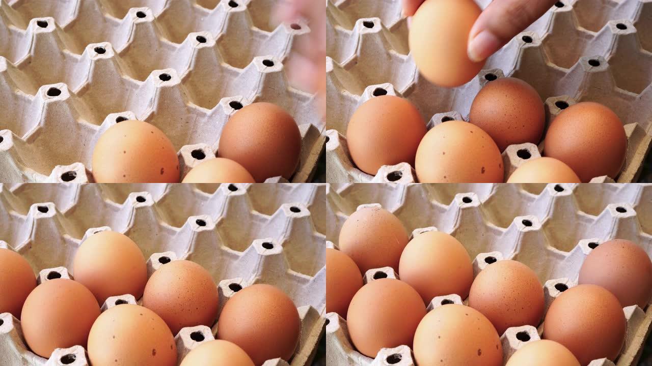 特写，握着鸡蛋放在鸡蛋托盘上的手