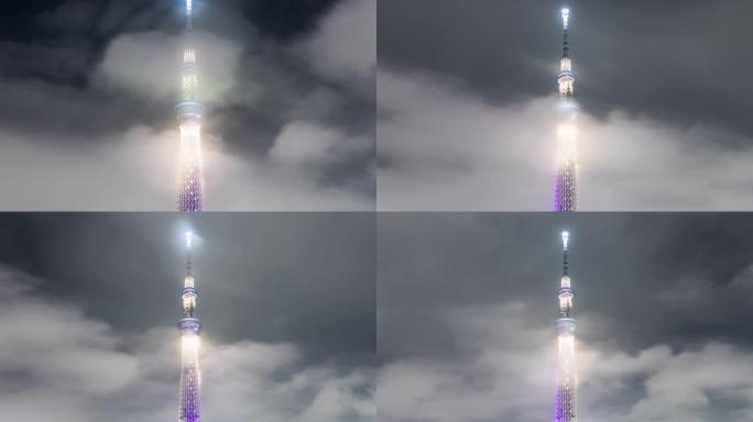 东京晴空塔夜间广告灯光秀的4k延时。日本旅游地标，亚洲旅游目的地，日本旅游景点概念。缩小