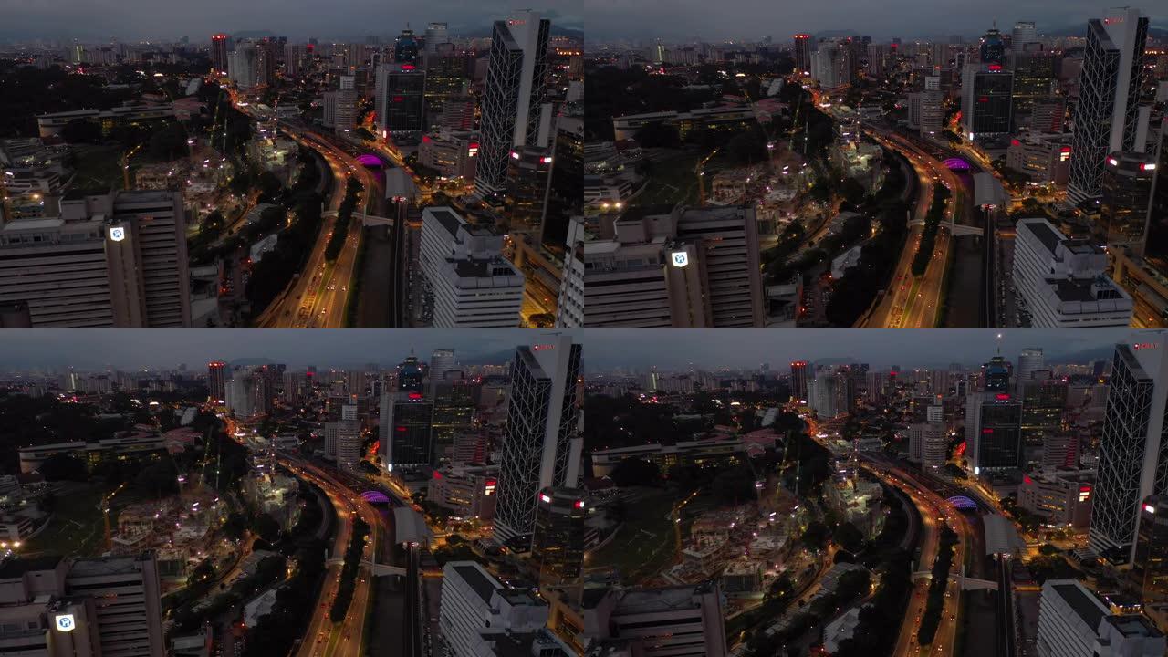 暮光之夜照明吉隆坡市中心交通街空中全景4k马来西亚