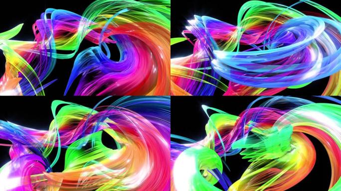 透明美丽色带的抽象背景在圆圈中移动，扭曲的线条，循环3d动画与彩虹渐变颜色过渡在玻璃带。特写2