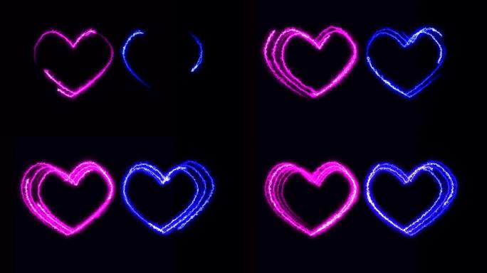 两颗心形符号七彩霓虹灯在黑屏上移动文字效果