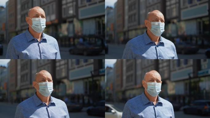 老人不顾新型冠状病毒肺炎走在街上。冠状病毒流行病。戴着面具的人。