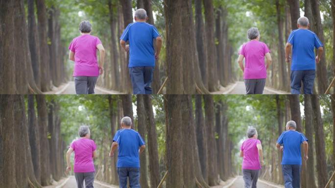 快乐的老年夫妇在公园跑步