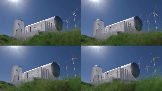 氢气可再生能源生产-清洁电力用氢气太阳能和风力涡轮机设施。3d渲染。