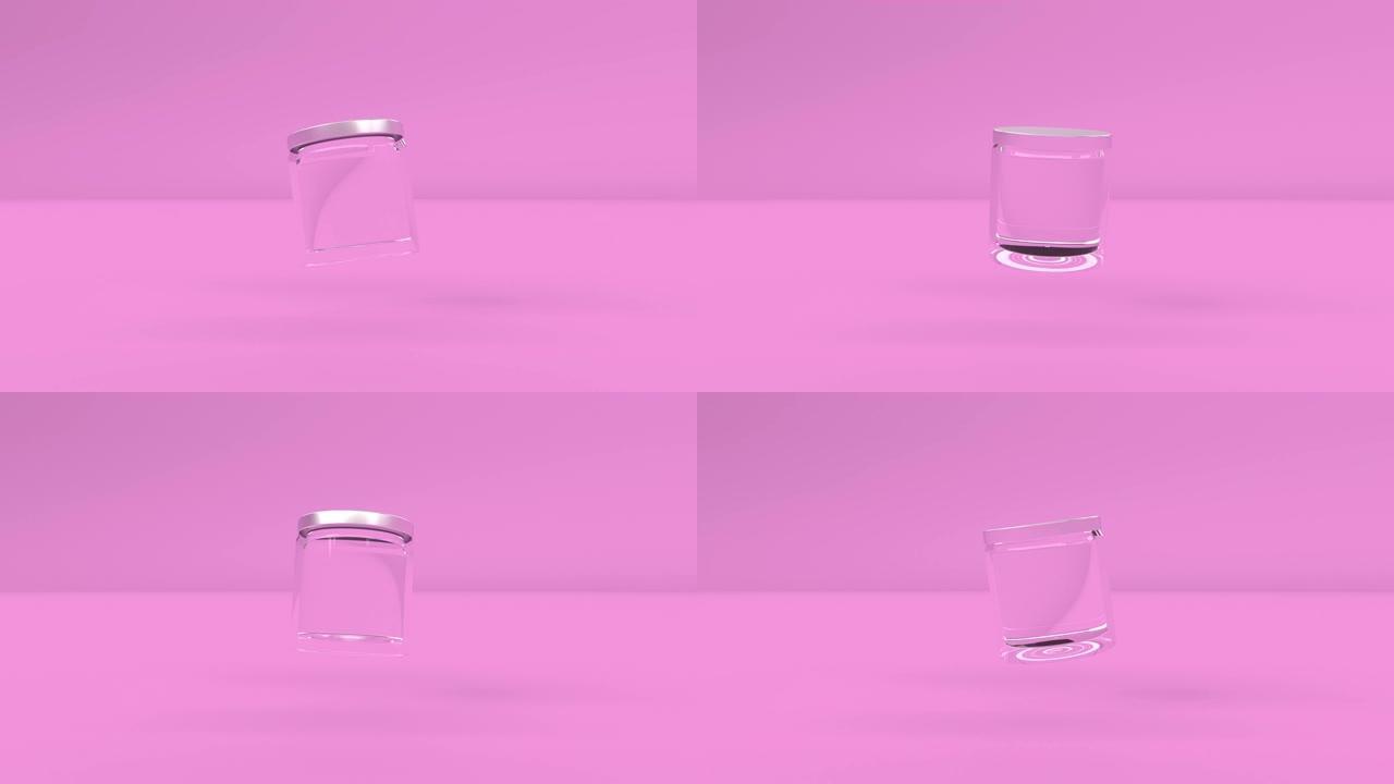 透明玻璃化妆品空罐瓶在空气中缓慢旋转粉色简约封面镜头无尽动画4k