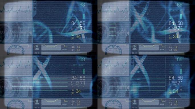 蓝色背景上DNA菌株的心电图动画