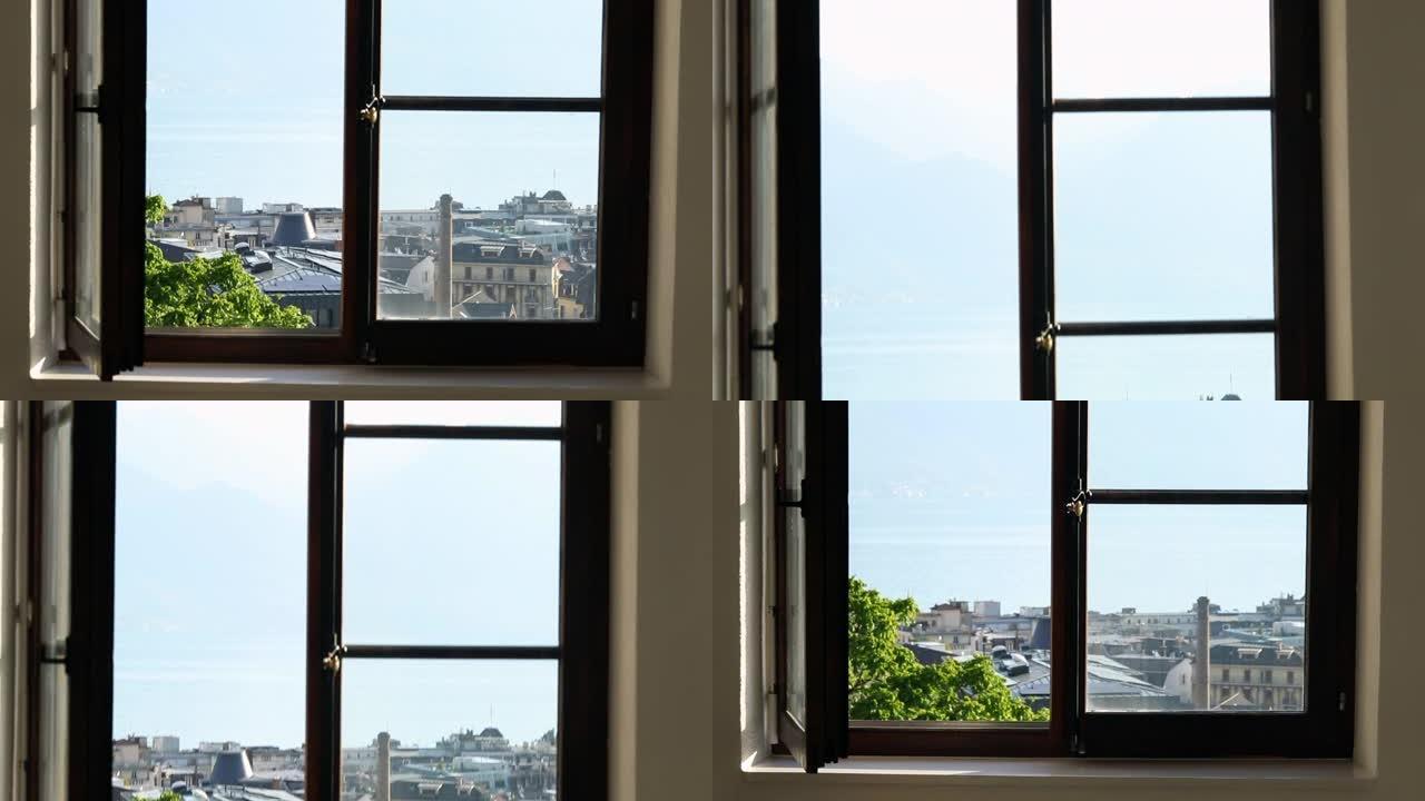 透过窗户看到的风景。从户外窗户看到的瑞士山脉