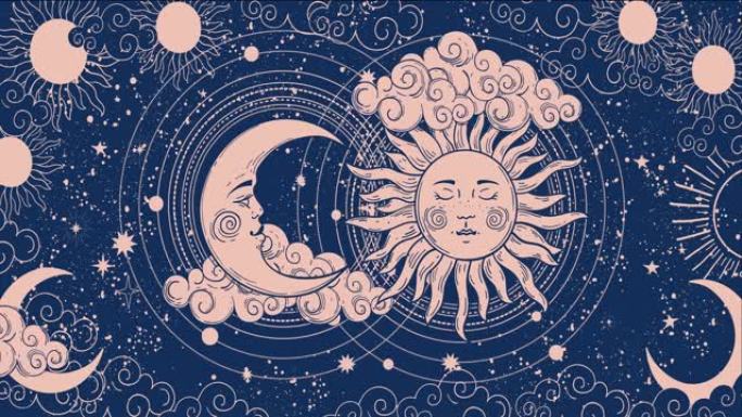 占星术、塔罗牌、魔法和神秘主义的卡通背景。流畅的4k视频渲染。带有脸，星星，天体背景的新月动画。