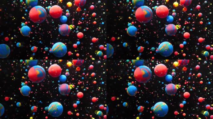 彩色气泡油美丽的丙烯酸涂料宇宙颜色移动多色。神奇的催眠表面。鲜艳颜色的引力变质气泡移动油面。化学反应